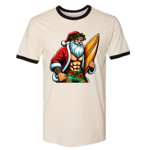 Surfing Santa - Cotton Ringer T-Shirt Thumbnail